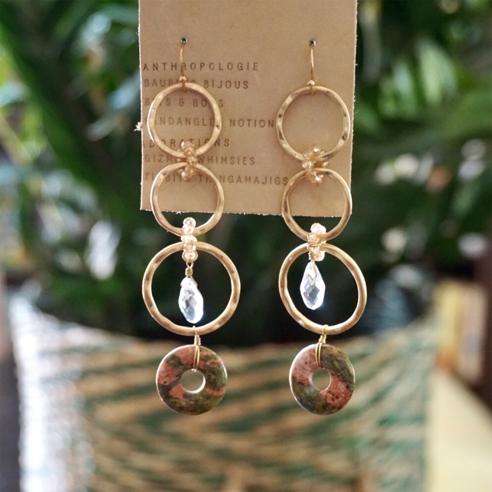 Anthropologie Gold Hoop Earrings with Green and Pink Stone Discs